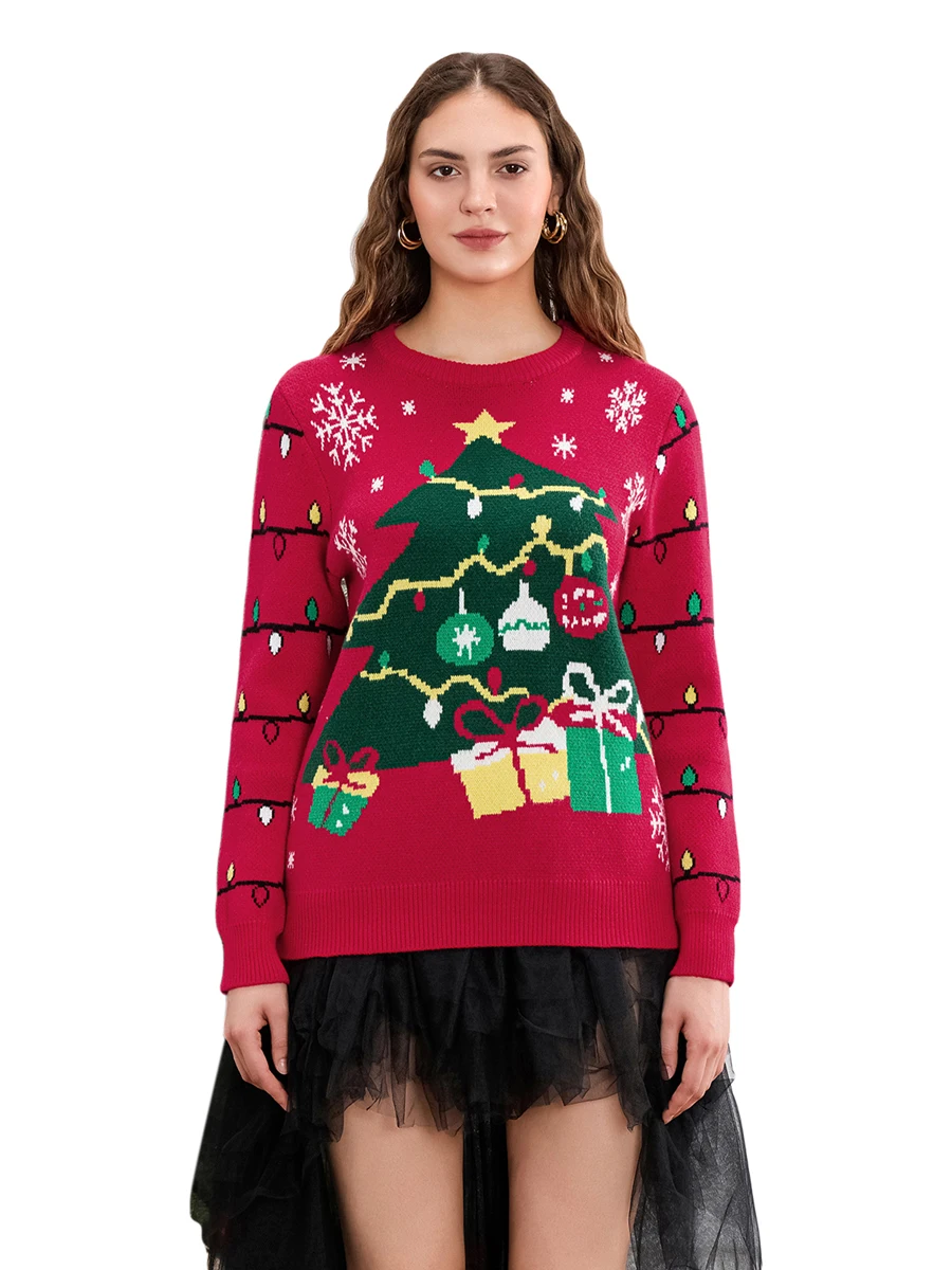 Women s Christmas Loose Sweater Christmas Tree String Lights Print Long Sleeve Round Neck Knit Tops Knitwear