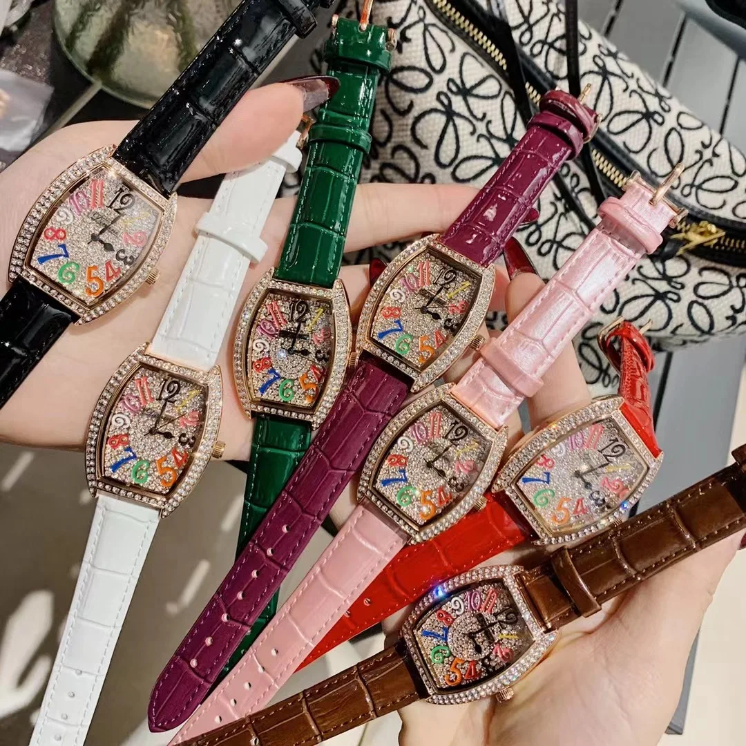 

Tonneau Shaped Women Vintage Watches Colorful Numbers Fashion Ladies Wrist watch Leather Strap Clocks Crystals Watches Quartz