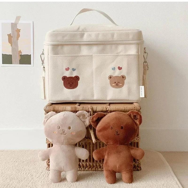 Bear Embroidery Insulated Lunch Bag Kids Portable Food Storage Canvas Waterproof Thermal Lunch Box Mommy Diaper Bag for Stroller