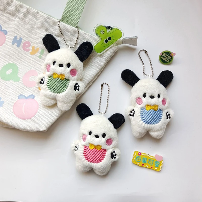 Sanrioed Kawaii Pochacco Plush Doll Toys Keychain Pendant Bag Decoration Birthday Gift Anime Pendant For Girls Three Colors Bib