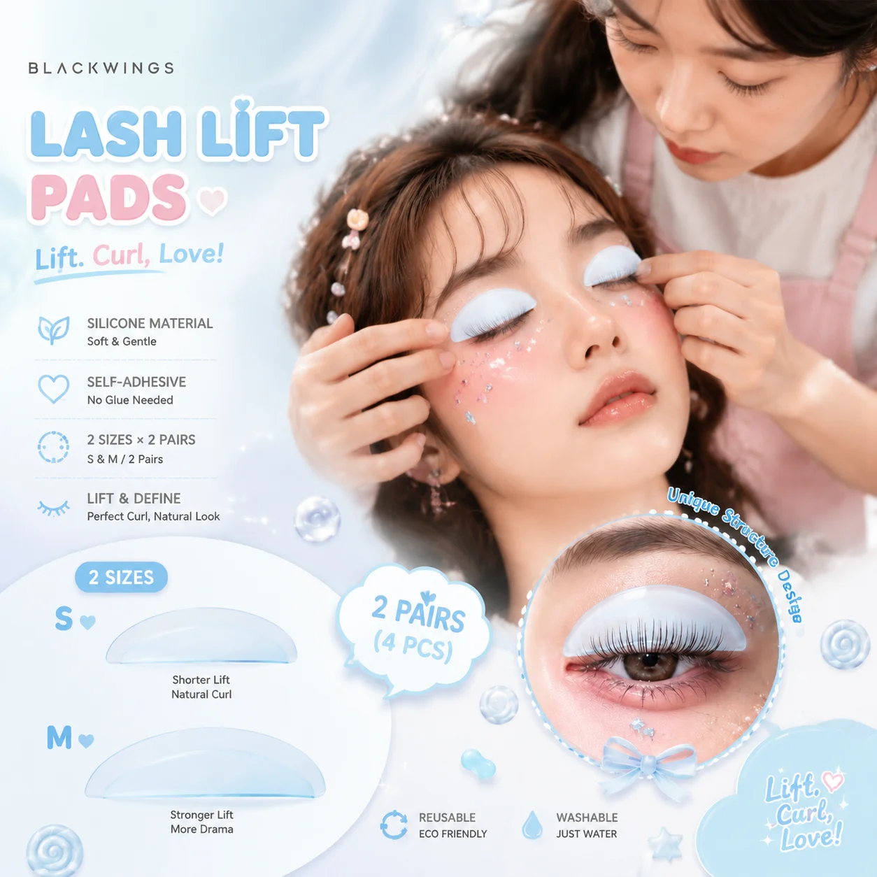 BLACKWINGS2Pair 2Size Silicone Eyelash Perm Pad Lifting Lashes Rods Shield 3D Eyelash Curler Accessories Applicator Makeup Tools view 2