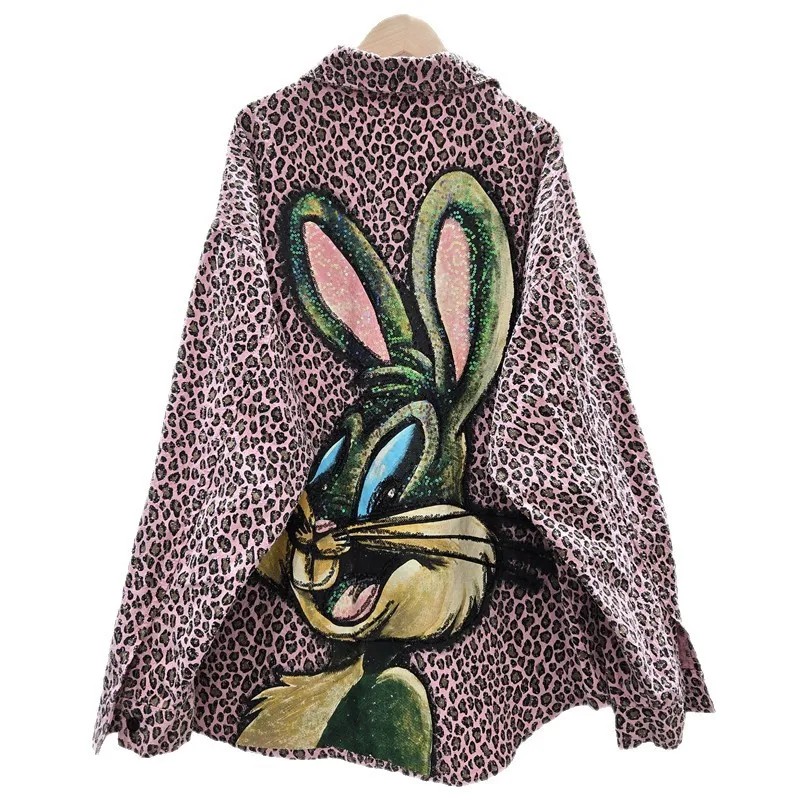 MINISO طباعة الفهد أوائل الخريف المتخصصة شخصية الترتر الكرتون فضفاضة تناسب تصميم كليب على اتجاه القميص النسائي