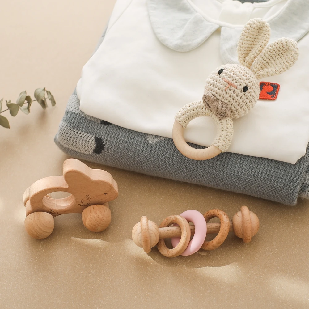 3pc Baby Rattle Toys Wooden Animal Car and Crochet Rattle Sets Baby 0 12 Months Toys Teething Toys Baby Accessories Baby Toys