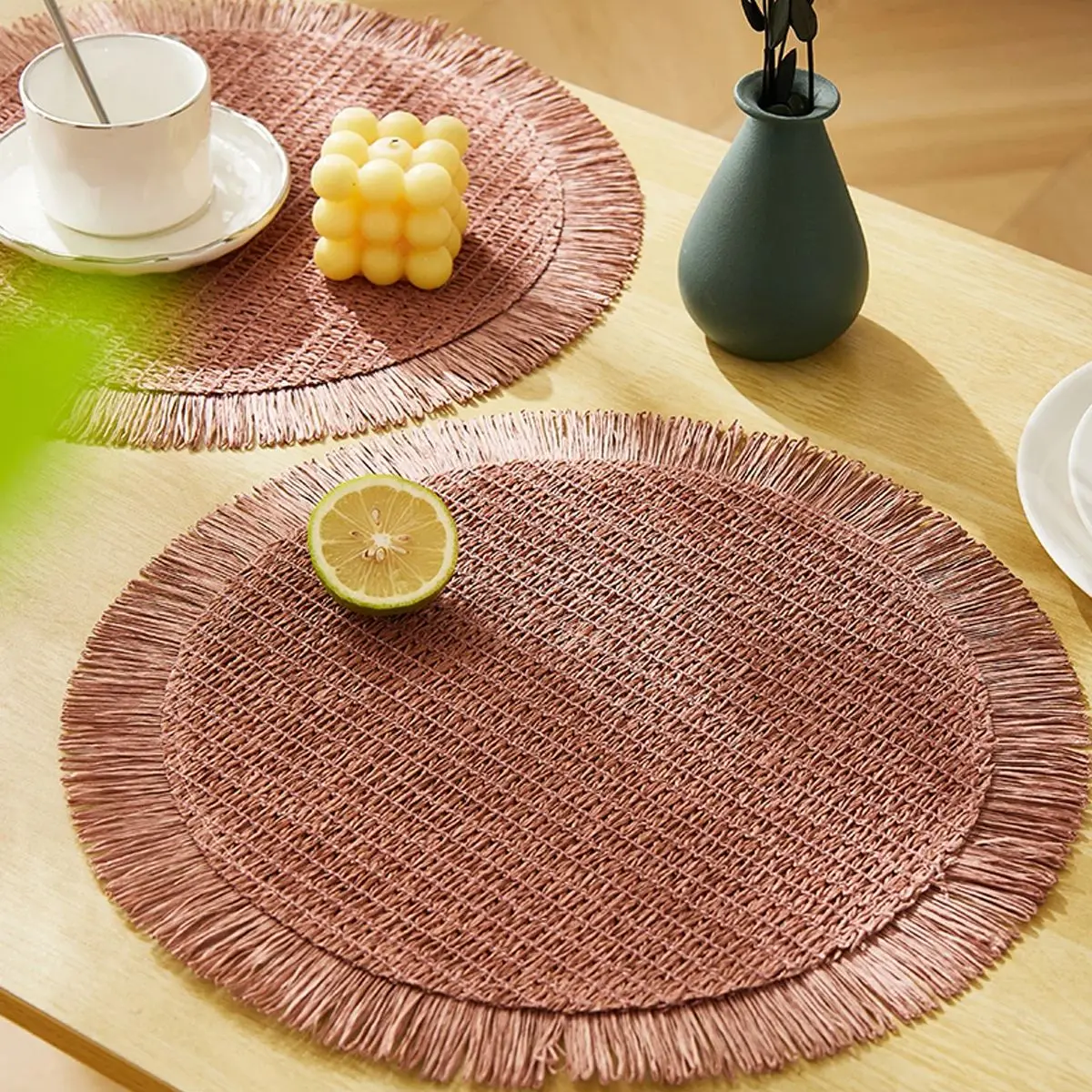 Set of 4 Table Round Woven Paper Placemat for Dining Table Paper Bohemian Woven Placemat