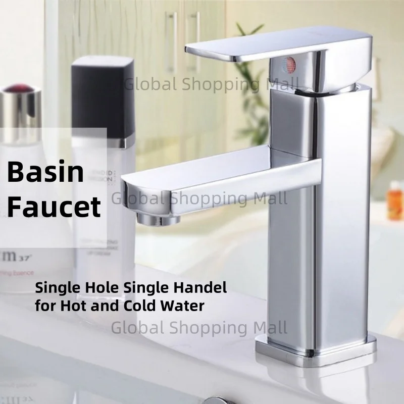 Square Sink Faucet Deck Mounted Hot and Cold Mixer Tap Bathroom Basin Water Tap in Black and Chrome Single Hole Single Handel