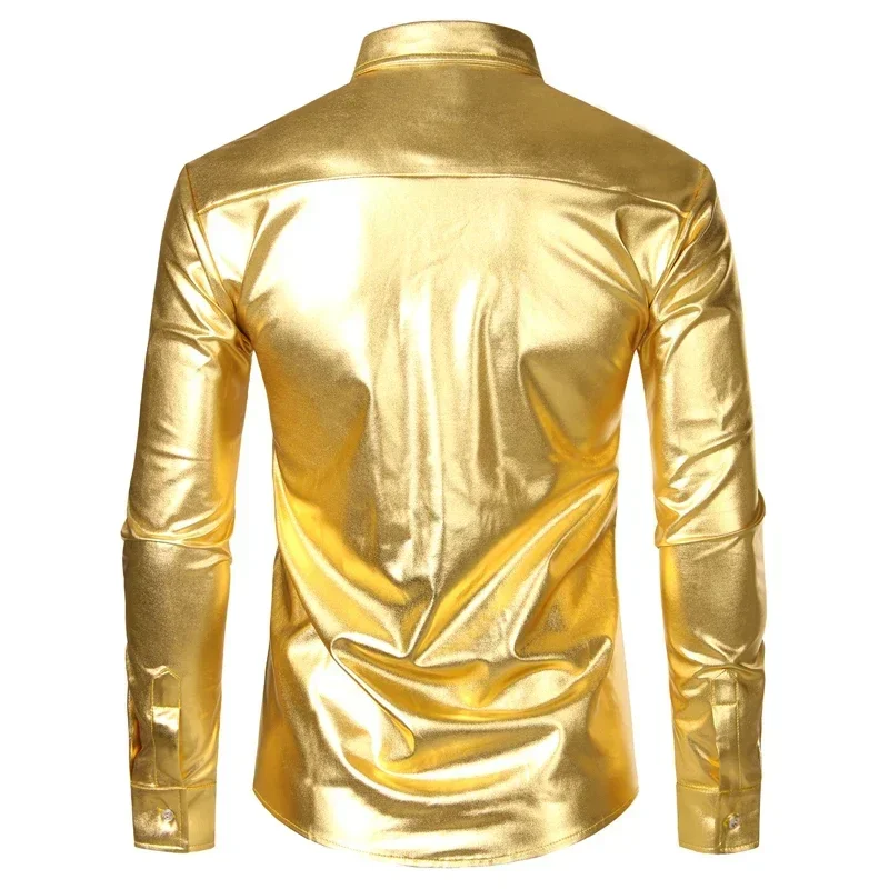 2025 Shirt Long Sleeve Button Down Christmas Halloween Bday Party Stage Costume Men's Disco Shiny Gold Sequin Metallic Design