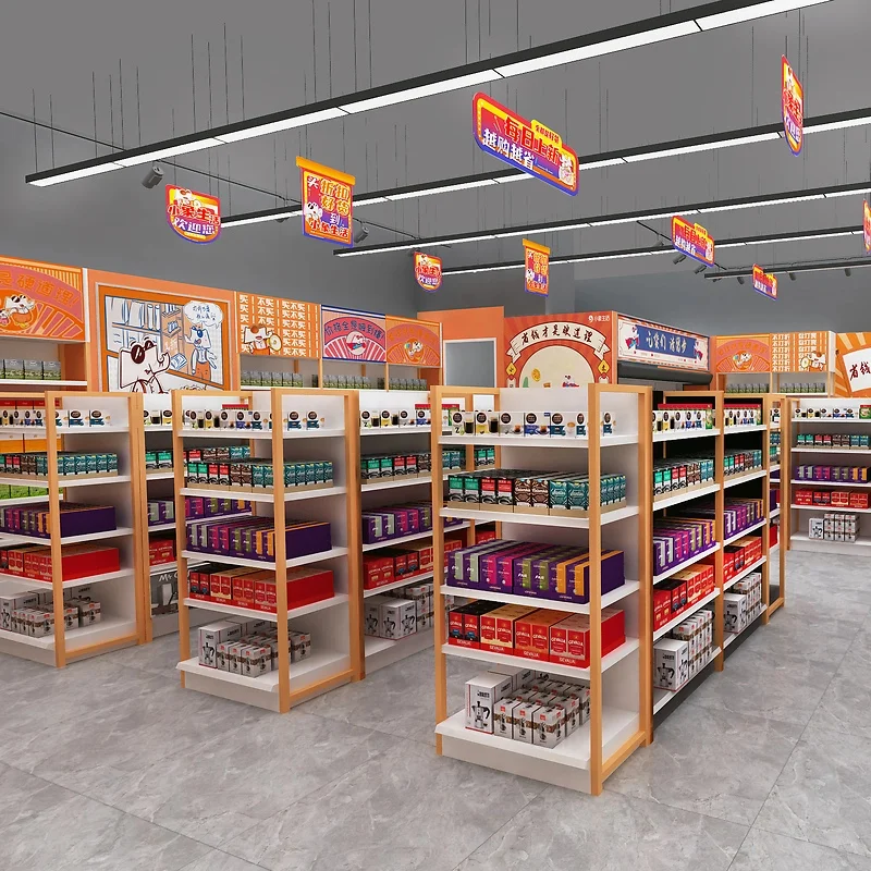 custom.ONI Shopfitting Custom Shopping Rack Gondola Shelving Double-sided Supermarket Shelves Grocery Store Display Racks with L