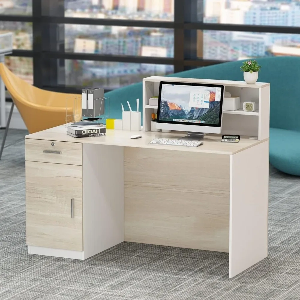 Computer Reception Desk with 1-Drawer Door Beige Modern Contemporary Rectangular Drawers