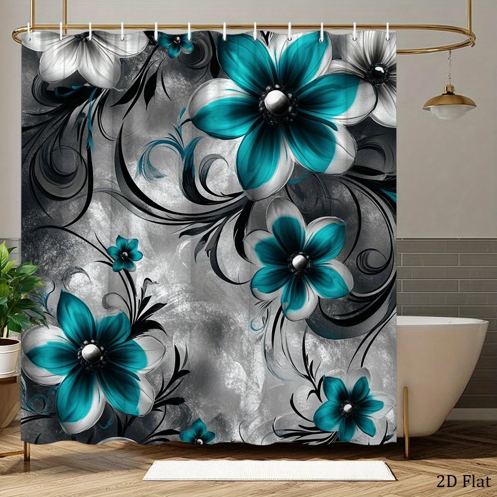 

Текстурированная полиэстеровая занавеска для душа с бирюзовым цветочным узором, черными акцентами в виде лозы и серым фоном, с 12 крючками. Украсьте свое пространство.