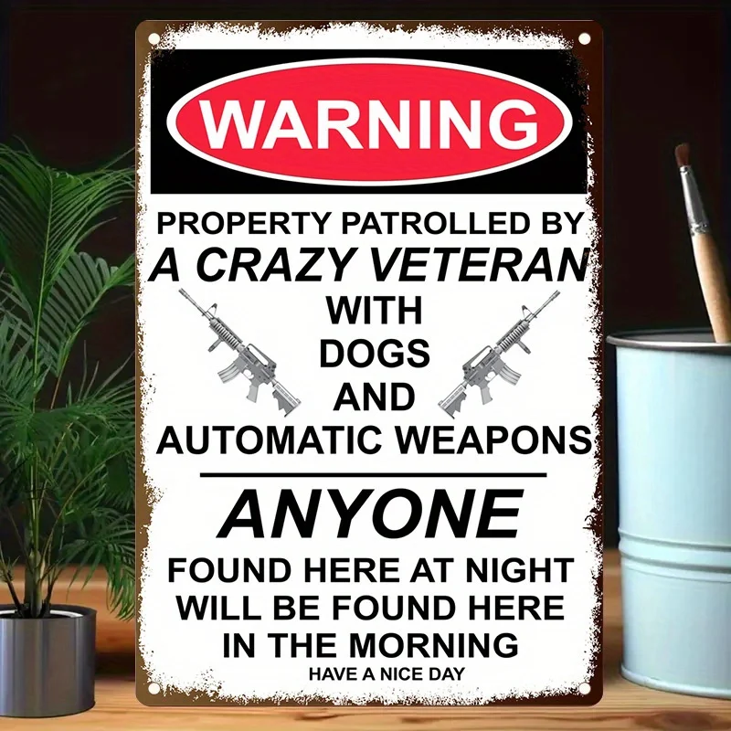 Warning Metal Sign - Crazy Veteran with Automatic Weapons - Bold es, Rustic Red & Black Design, Perfect for Home or Office De