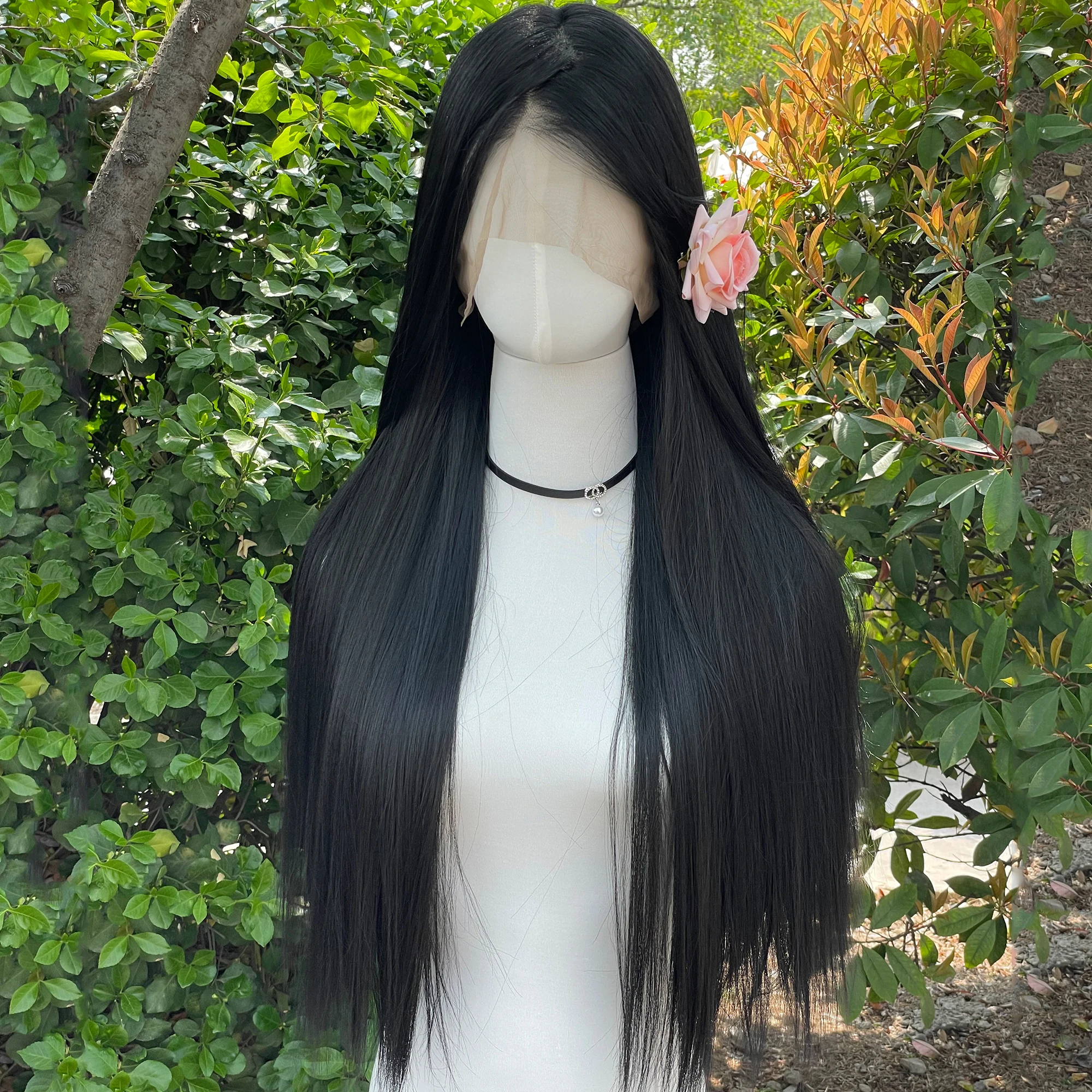 

Темно-черные синтетические парики спереди 13x6 для чернокожих женщин, 26-дюймовые длинные прямые бесклеевые синтетические парики, плотность 150%, натуральные волосы