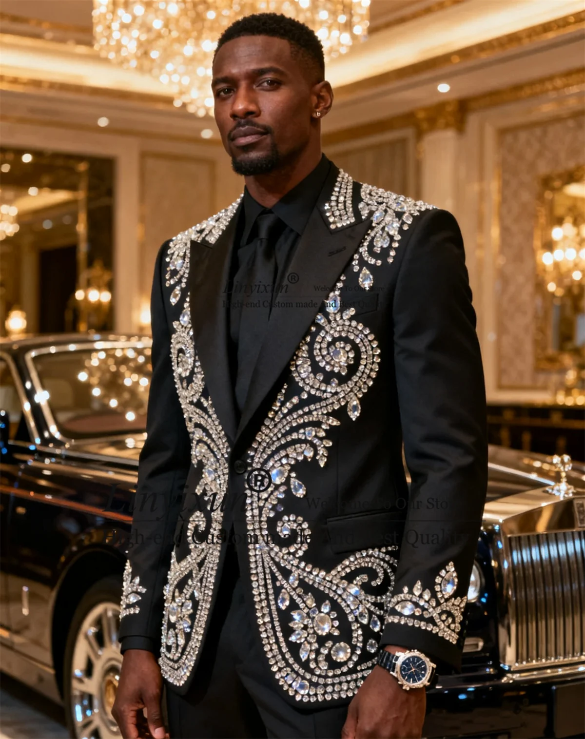 

Luxury Crystals Diamond Outfit Men Suits 2 Pieces Sets Groom Tuxedos Slim Fit Male Wedding Party Blazer Customized Costume Homme