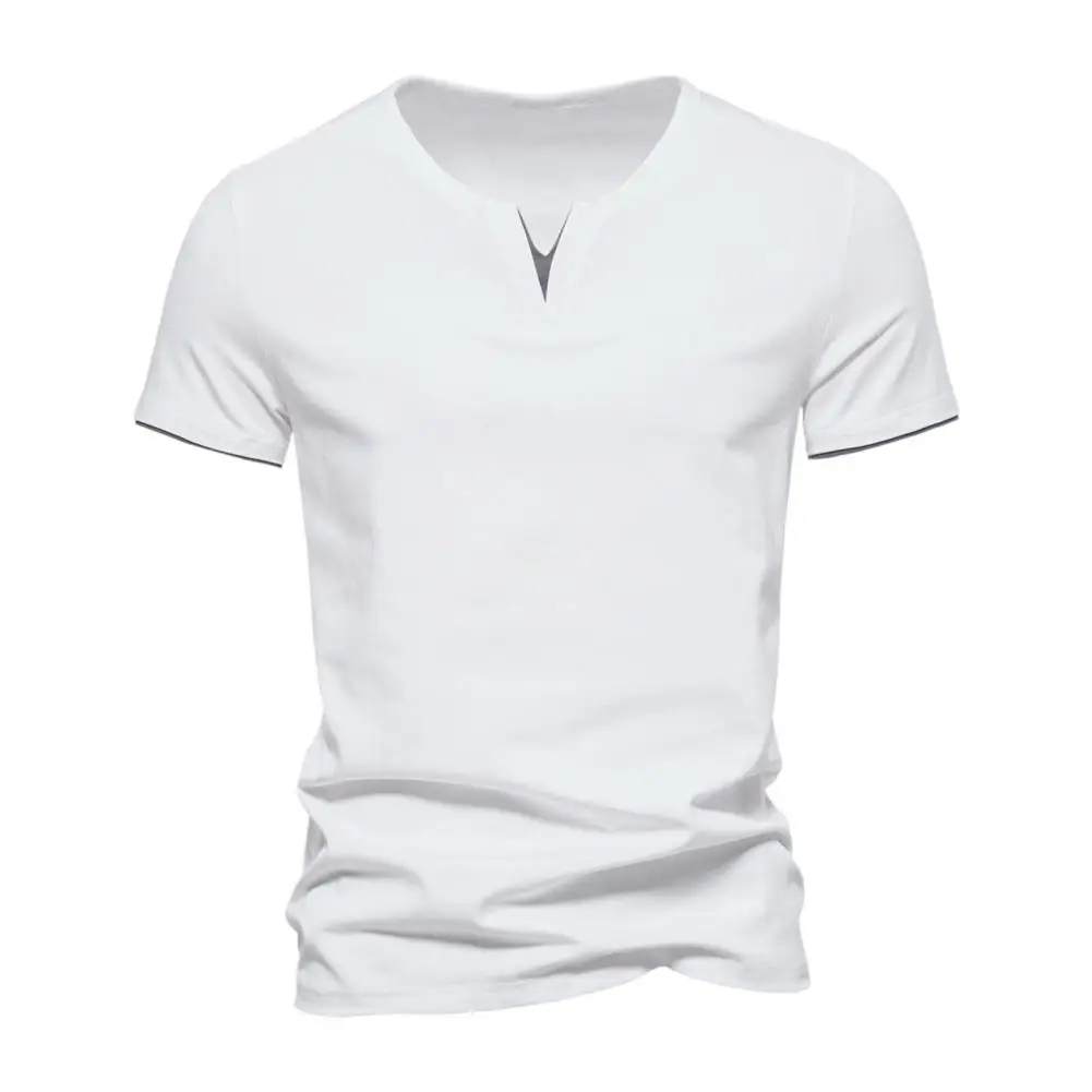 Men Cotton Blend Top Lightweight Stretchy Men Shirt Men\'s V Neck Summer T-shirt with Short Sleeves Elastic Fake Two-piece Design