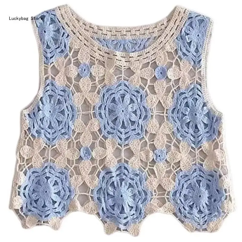 

Women's Blue Knit Tanks with Crochet Detailing Comfortable Camisole Crop Vest