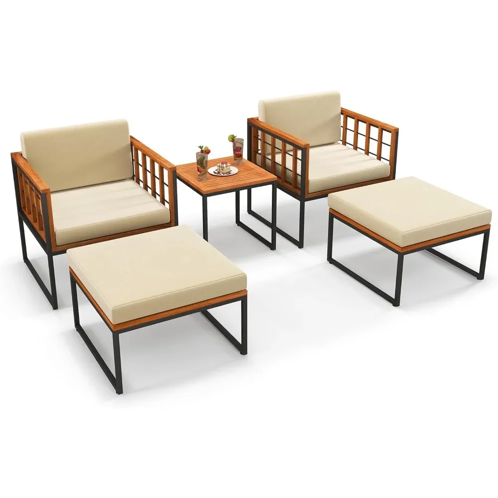 5 pcs acacia wood patio outdoor furniture set with ottoman, cushions, coffee table, poolside, garden, balcony and backyard