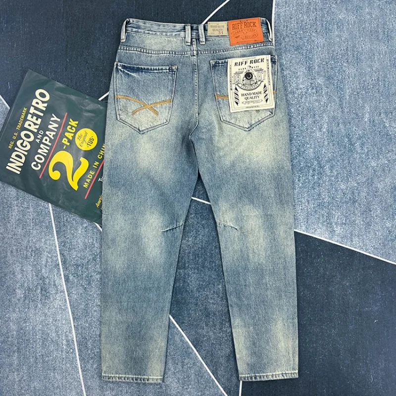 Amekaji Heavyweight 100% Cotton Retro Japan Style Vintage Blue Casual Denim Jeans for Men Spring Slim Straight Washed Trousers