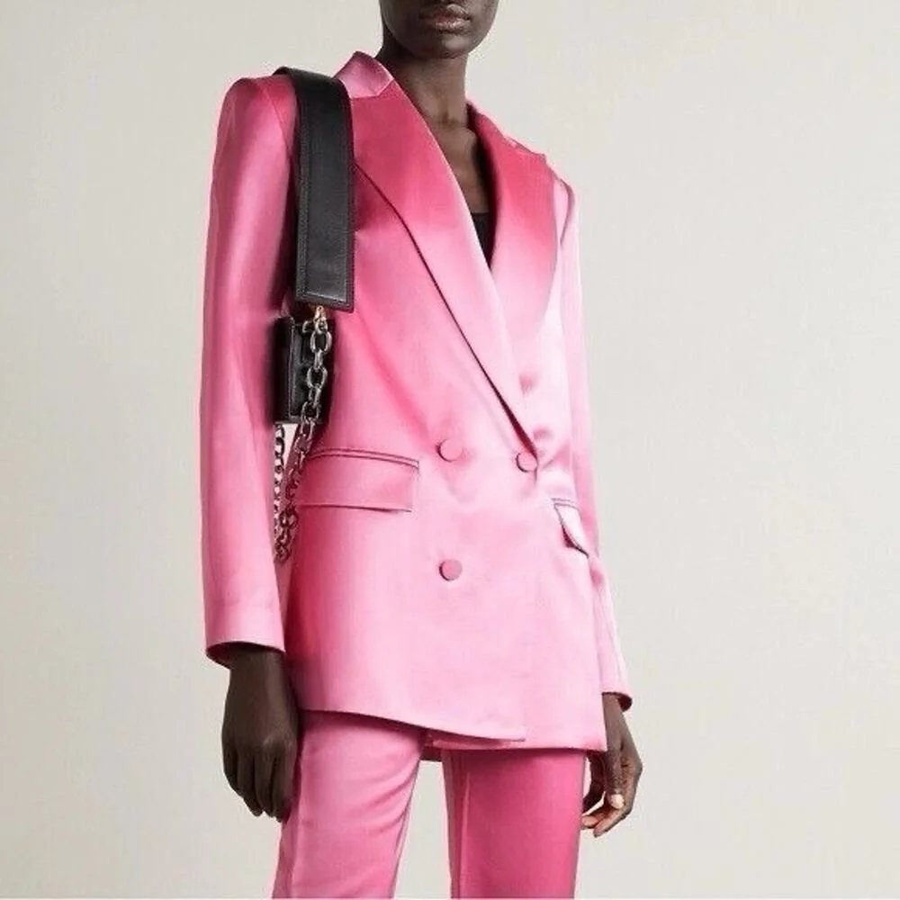 Tailored Business Attire Women Suit Elegant Satin Pink Peaked Lapel Slim Double Breastde Outfit Two Piece Office Work Female Set