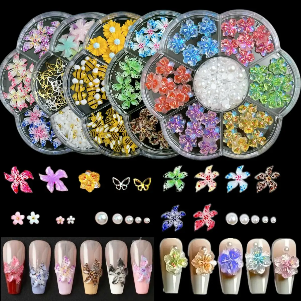 

1 Box 3D Resin Cute Cartoon Bee Simulation Pearl Nail Charms Colorful Lilies Daisy Flowers Nail Art Decoration For DIY Crafts