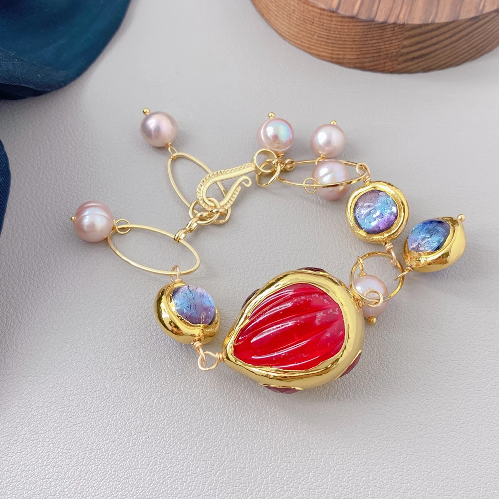 YYGEM Cultured Purple Pearl 16mm Murano Glass 24x30mm Red Quartz Charm Bracelet Earrings Set view 3