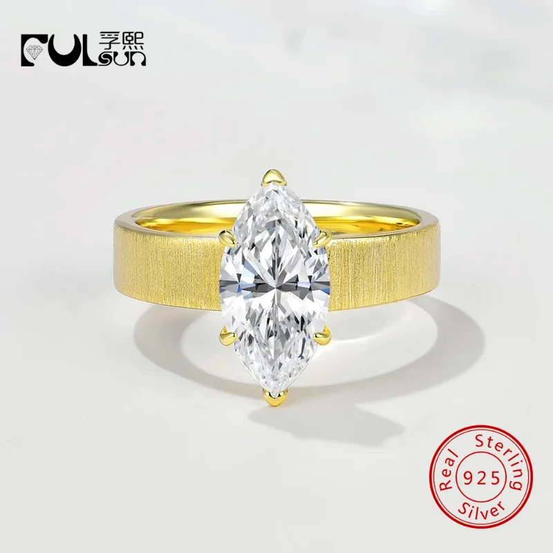925 Sterling Silver 14K Gold Plated 2CT Marquise Moissanite Brushed Wide Band Solitaire Engagement Ring Dainty Wedding Jewelry