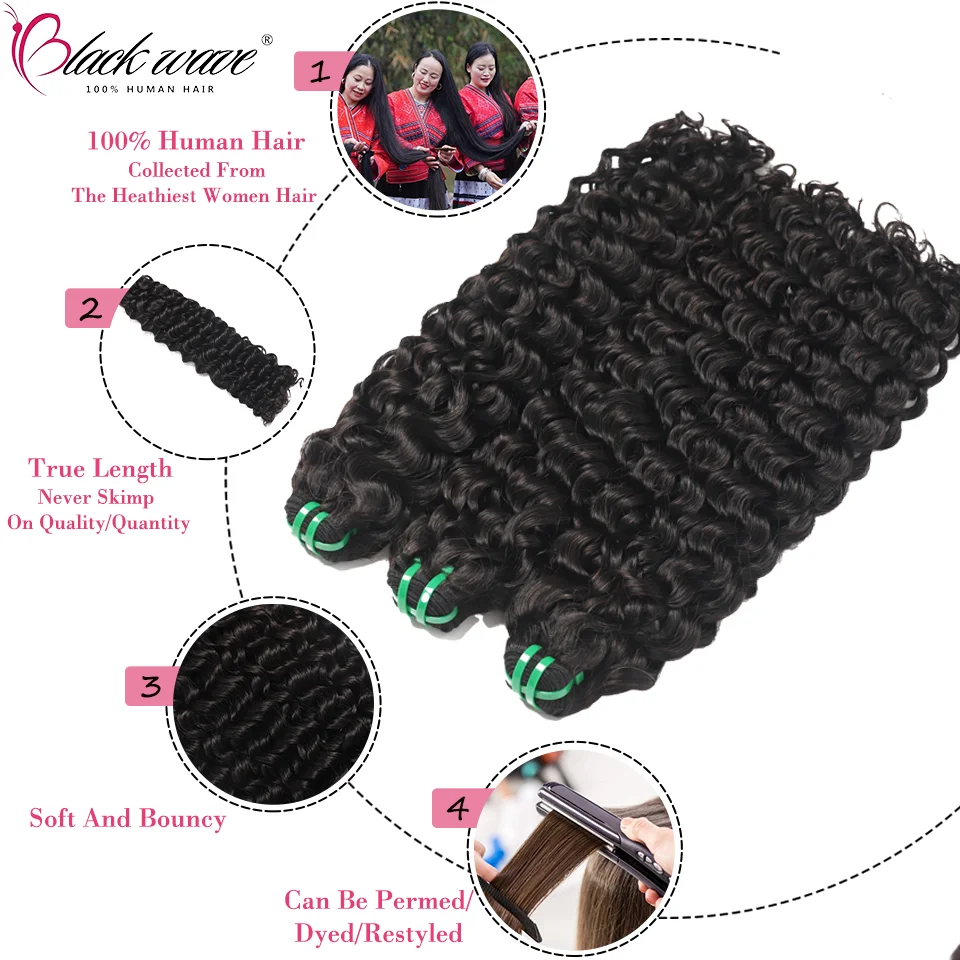 Curly Deep Wave Hair Bundles, 100% Cabelo Humano Vietnamita, Remy Hair, Weave Bundles, Cor Natural, 10A, 2 A, 3 A, à venda, 8-30 em