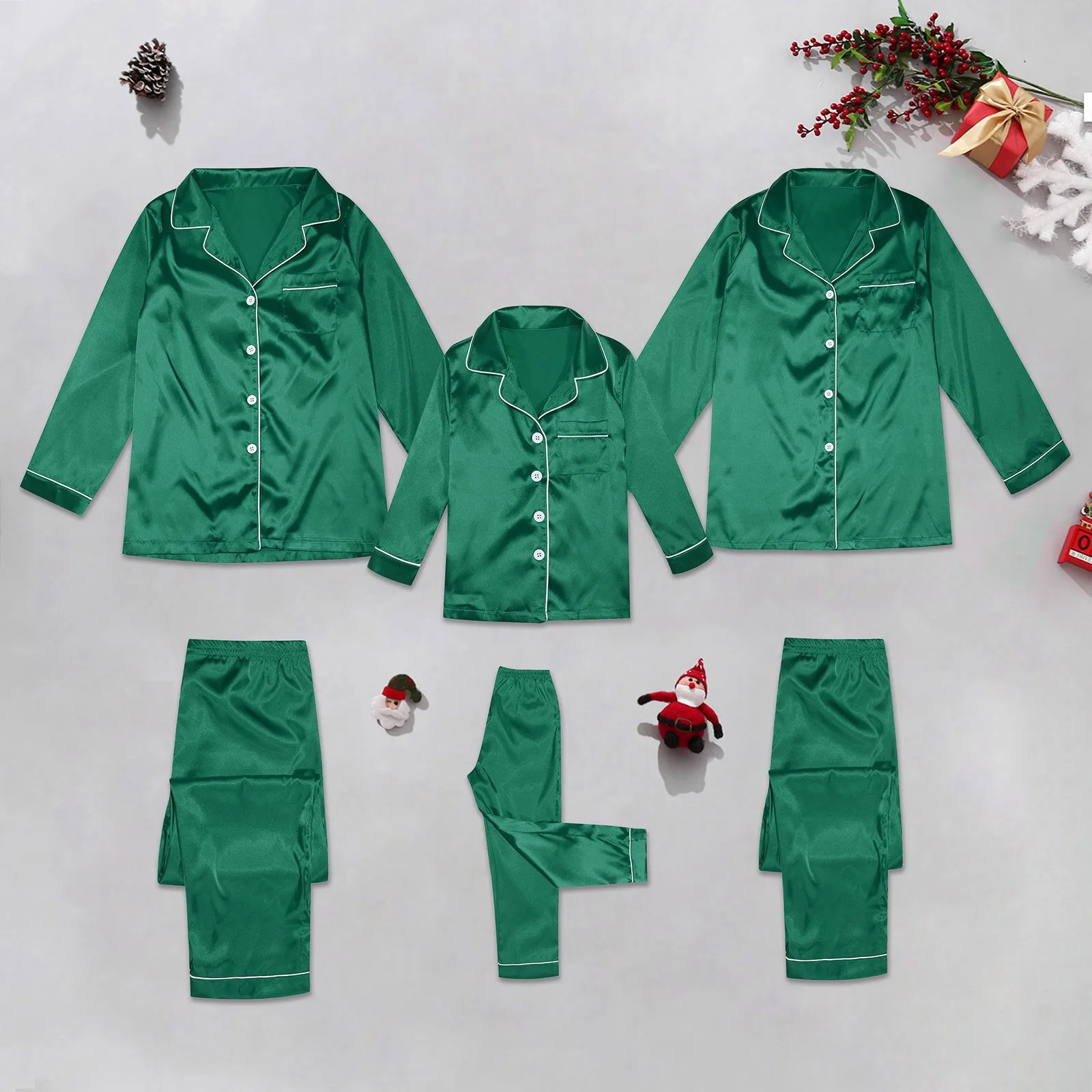 Satin Silk Button Down Casual Pajamas Sets Solid Color Two Piece Family Matching Sleepwear Unisex Christmas Pajamas Family