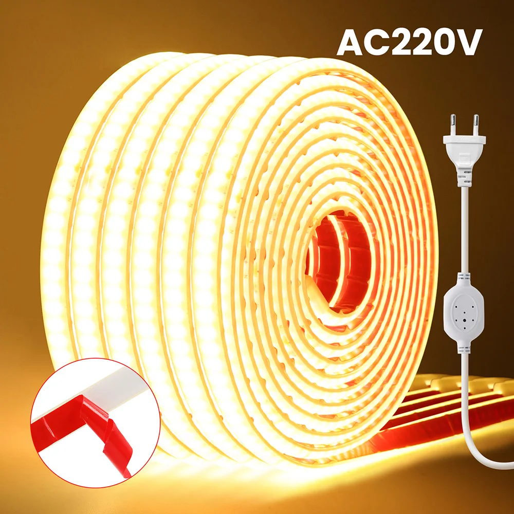 

220V Switch COB LED Strip Light 240LEDs/m Flexible Adhesive Tape Clear Silicone Tube Lamp with IC High Bright Linear Lighting