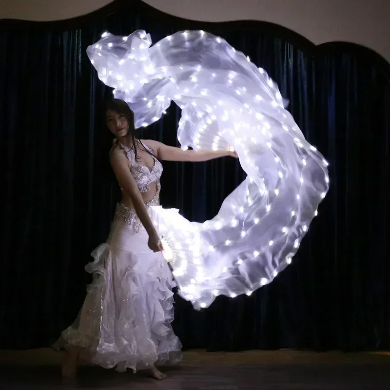 Carnevale Led Ventaglio di seta Velo Ventaglio di danza del ventre Veli Spettacolo di luci a LED in seta Ventaglio luminoso per spettacoli teatrali di danza del ventre bianco