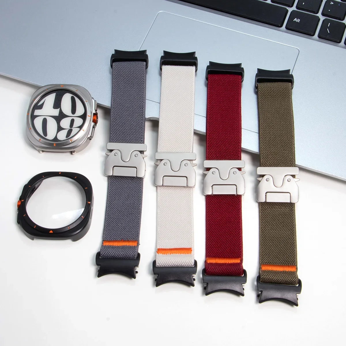 Elastic Band+Glass Case for Samsung Galaxy Watch 7 6 40mm 44mm Change To Ultra Case Nylon Parachute Buckle Galaxy Watch Strap