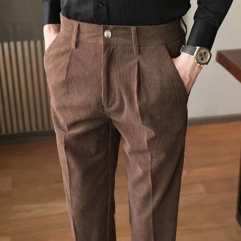 

British Style Men High Waist Casual Dress Pant Men Belt Design Slim Trousers Formal Office Social Wedding Party Dress Suit Pants