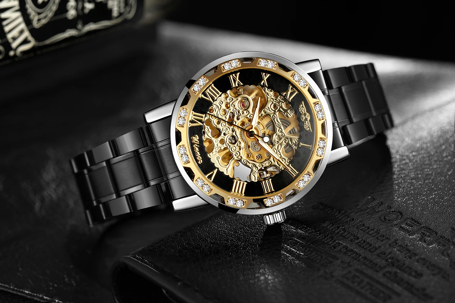 T-WINNER Fashion Casual Mens Watches Skeleton Mechanical Engraving Luxury Rhinestone Luminous Pointers Cool Black Man Wristwatch