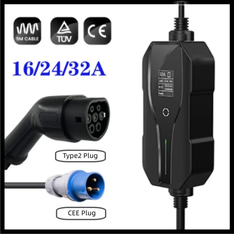 

Type 2 EV Charger 16/24/32 Amp Portable Electric Vehicle Charger CEE Plug 120V/250V Charging Cablefor Electric Vehicle Portable
