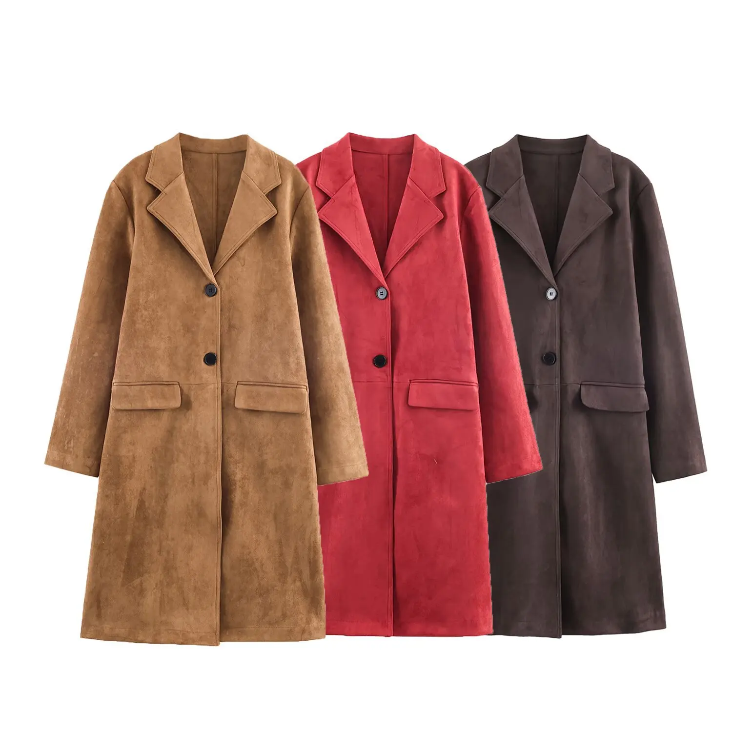 

KIDCRKJ 2026 Spring Women Suede Texture Coat Single Breasted Lapel Collar Solid Lady Overcoat Lon Gover The Knee Female Jacket
