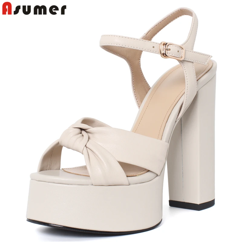 

Asumer Plus Size 34-41 New Genuine Leather Shoes Women Sandals Square High Heels Sandals Women Platform Party Wedding Shoes