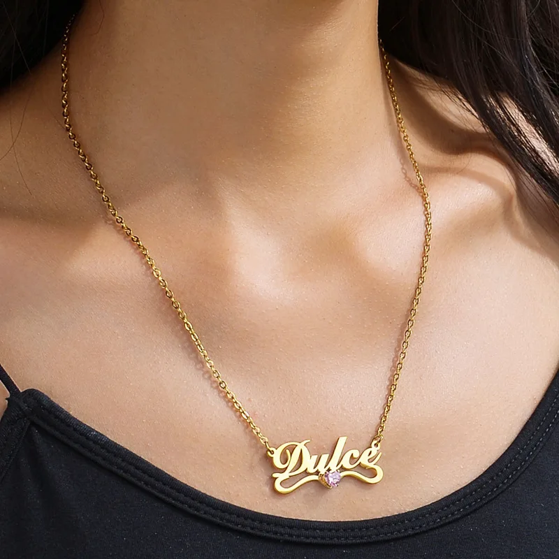 

Personalized Stainless Steel Necklace Name Custom Hollow English Letter Love Pink Diamond Titanium Steel Crane Jewelry For Women