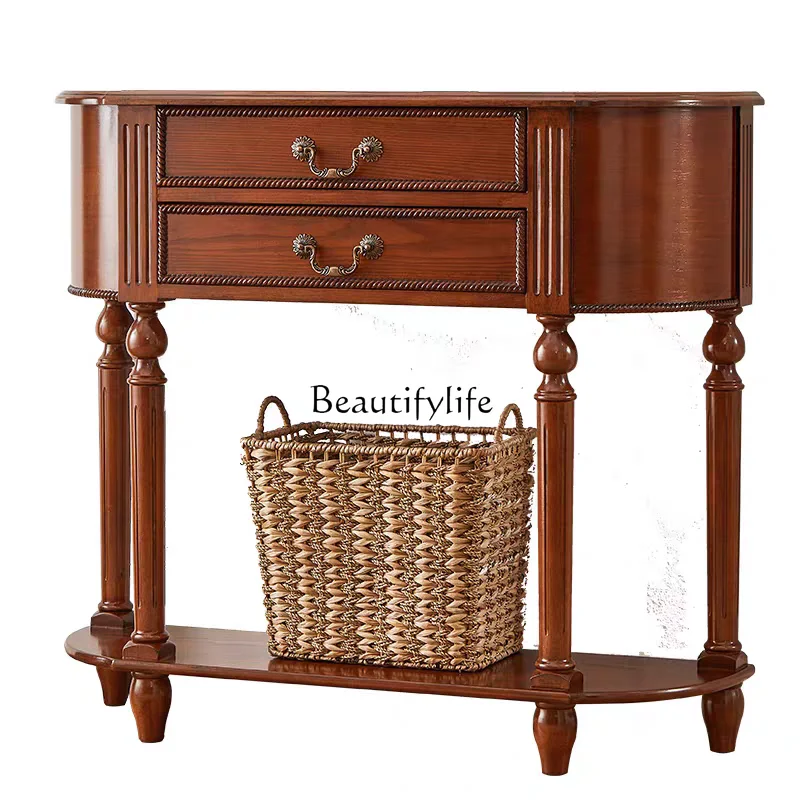 

American all-solid wood entrance cabinet table Semicircular simple door light luxury European entrance table