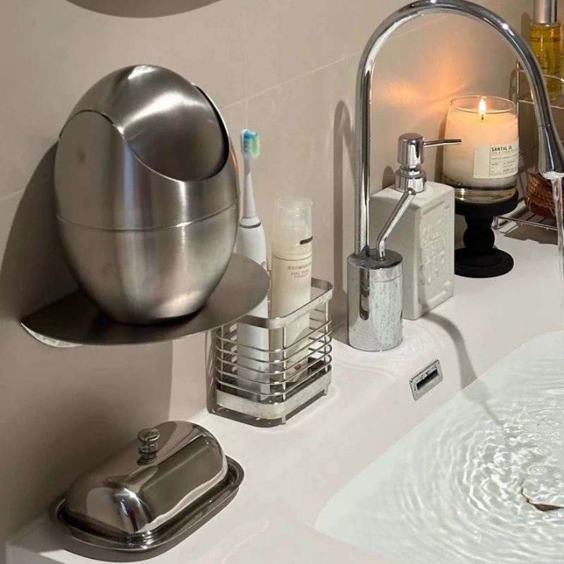 Stainless Steel Flip Top Trash Can Egg Shape Desktop Bin for Living Room Portable Mini Wastebasket with Lid Modern Home Decor