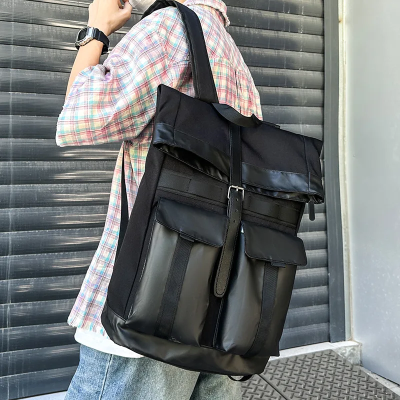 Fashion Roll Top Men's Backpack New Dark Tooling Roll-up Outdoor Leisure Travel Backpack Trendy Design Sense Student Schoolbag