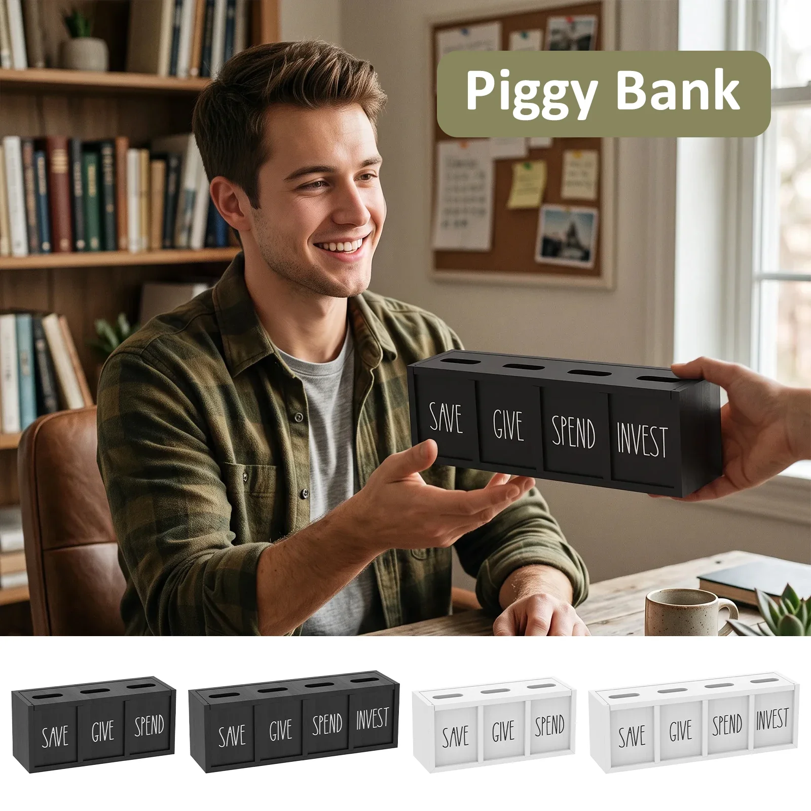 3/4 Grids Wooden Give Save Spend Invest Daily Cash Bill Money Box Wall Mount Kid Penny Piggy Bank