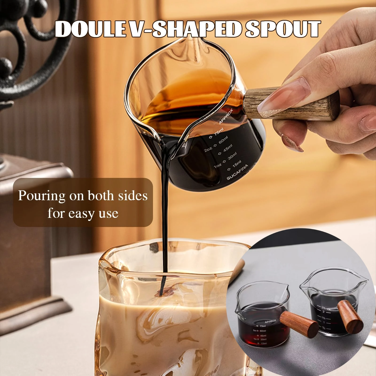 

75ml Glass Espresso Measuring Cup Transparent Milk Jug Wood Handle Single Double Mouth Kitchen Measure Coffee Supplies Mug