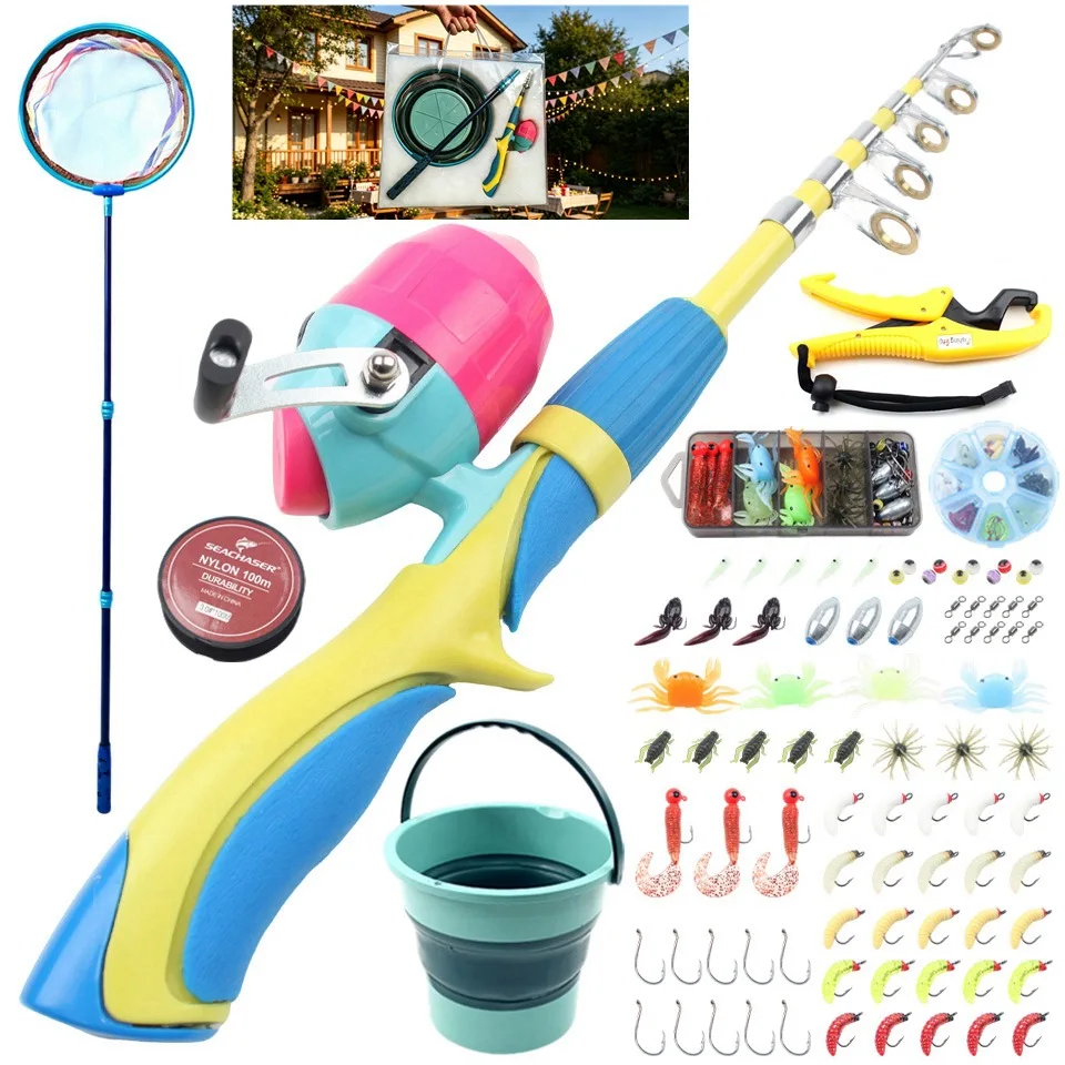 Kids Fishing Rod Set Full Accessories Gift Box Portable Beginner Fishing Kit Outdoor Combo for Children Fishing Game Toy