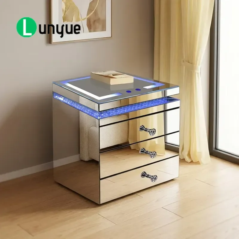 Modern Smart Mirror Bedside Table with LED Light Bluetooth Speaker Wireless Charger Nightstand for Bedroom Furniture Home