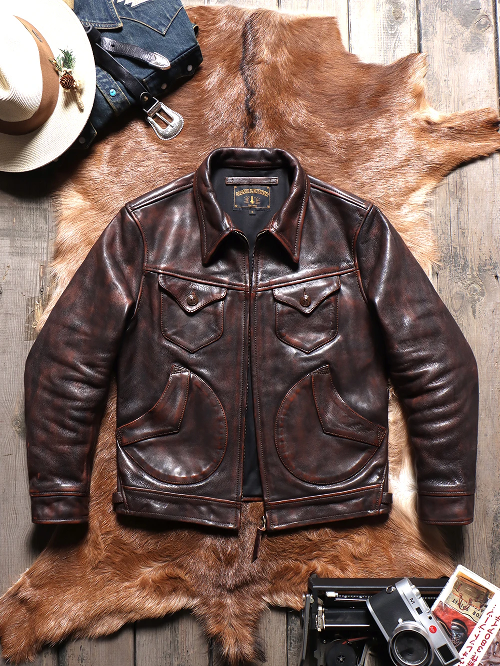 

Tailor Brando Тяжелая винтажная куртка из натуральной кожи для чая из растительного дубления ручной работы Mendoza из воловьей кожи