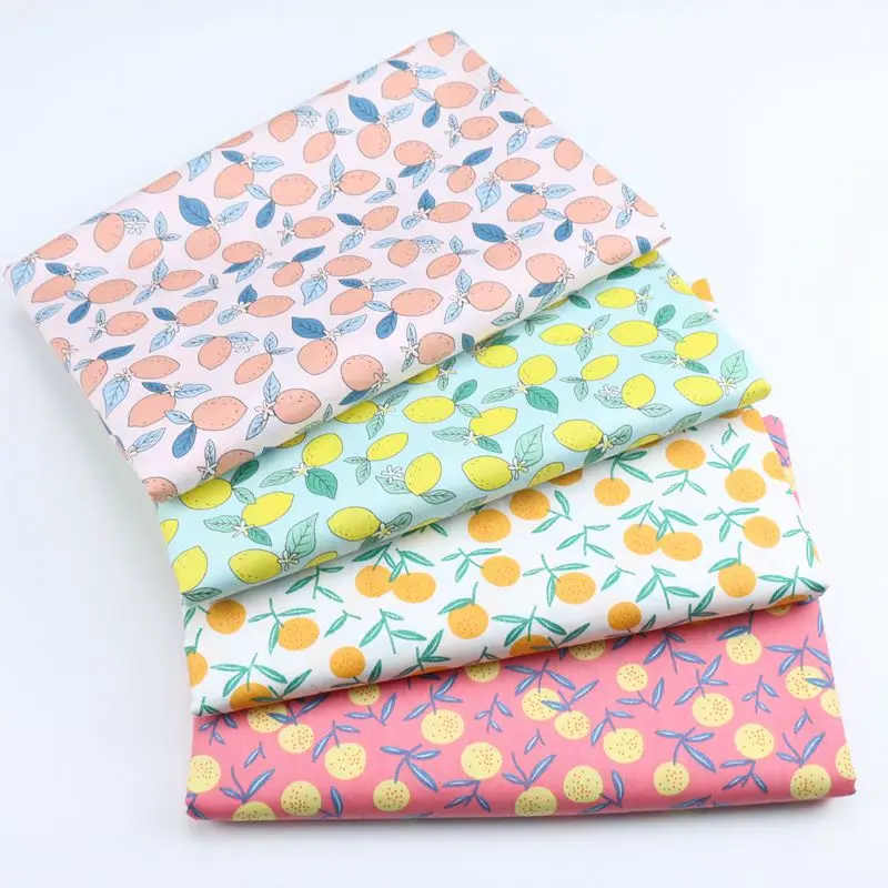Tela estampada de persona de tintura de limón de dibujos animados de fruta de sarga de medio metro para ropa hecha a mano, vestido, pijama, tela