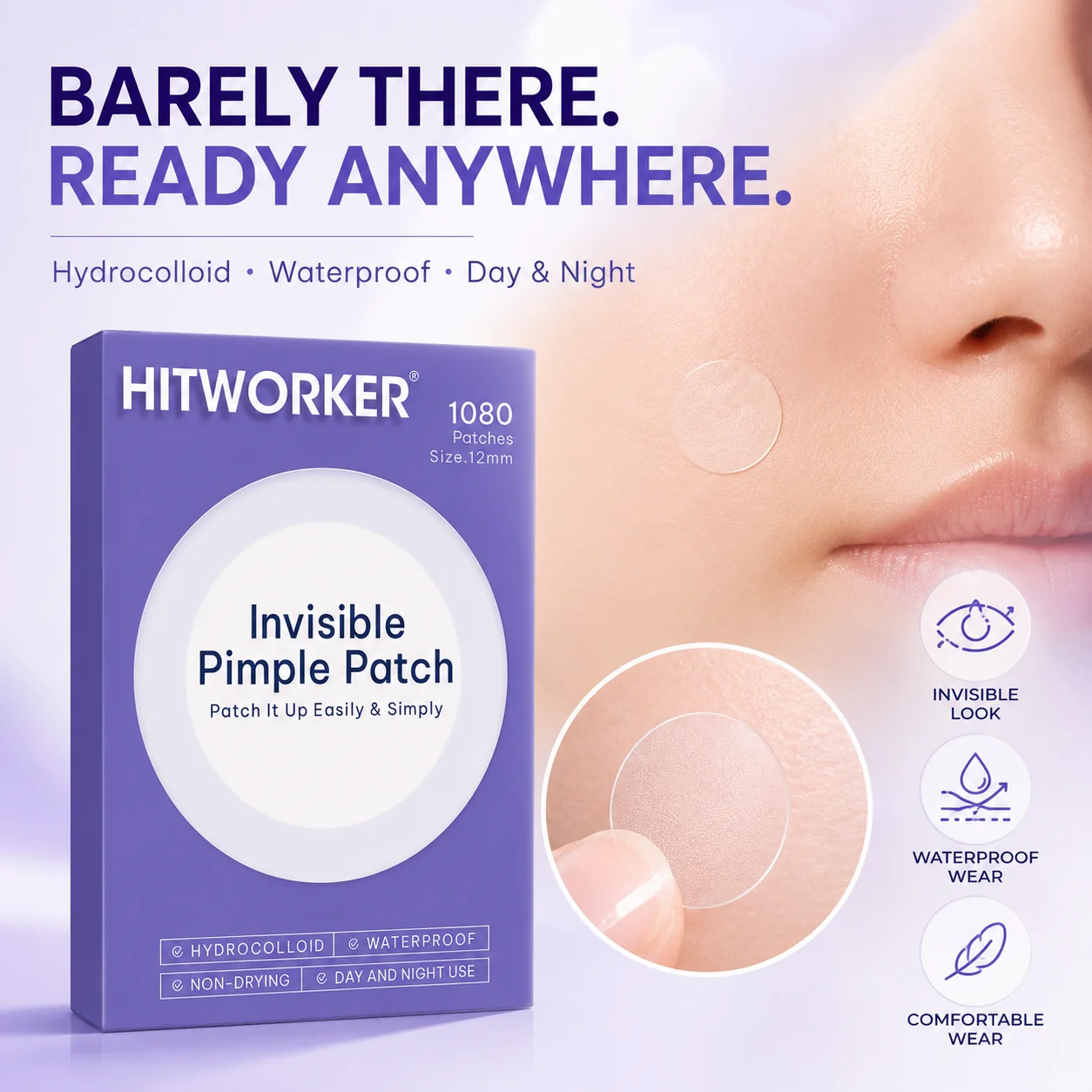 1080PCS Hydrocolloid Pimple Patches for Face, 12mm Clear Round Blemish Cover Stickers, Day & Night Spot Patches
