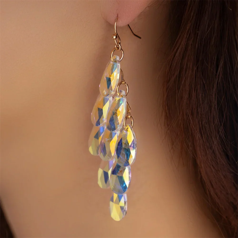 Fashion Colored Crystal Droplet Tassel Pendant Earrings For Women Female Vintage Boho Geometry Sandy Beach Jewelry Party Gift