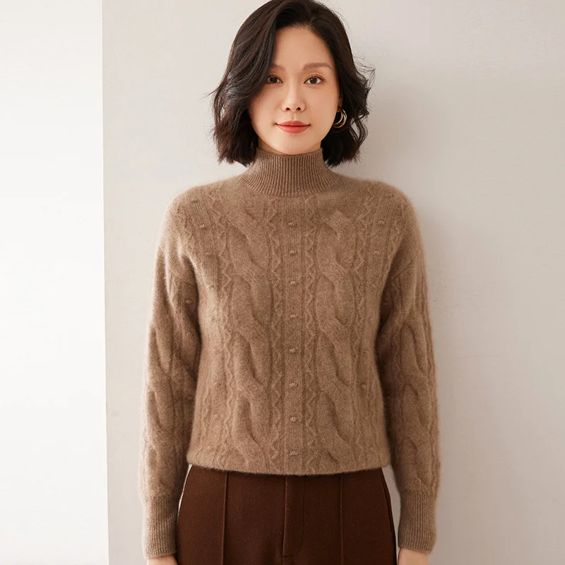 

Женский вязаный свитер из 100% кашемира с полувысоким воротником, новый зимний жаккардовый пуловер, высококачественные толстые топы, свободная кашемировая рубашка