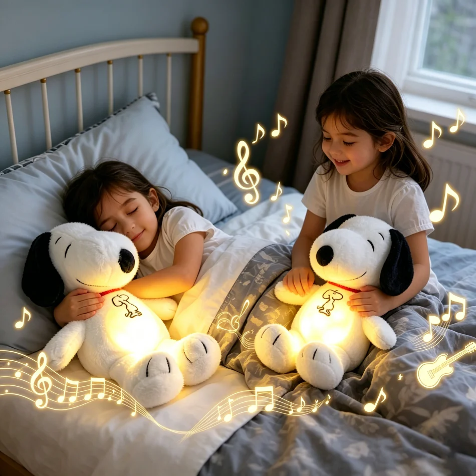 

hot seller 30CM Baby Breathing Soothing Snoopy white dog Plush Doll Sleeping Companion Music Light Doll Sensory Stuffed Toy Gift