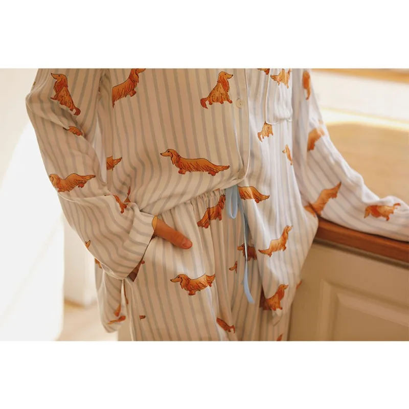 Spring Satin Cartoon Dachshund Printed Striped Home Clothes Lapel Pocket Luxury Long-sleeved Pajamas Suit Viscose Pijamas Women