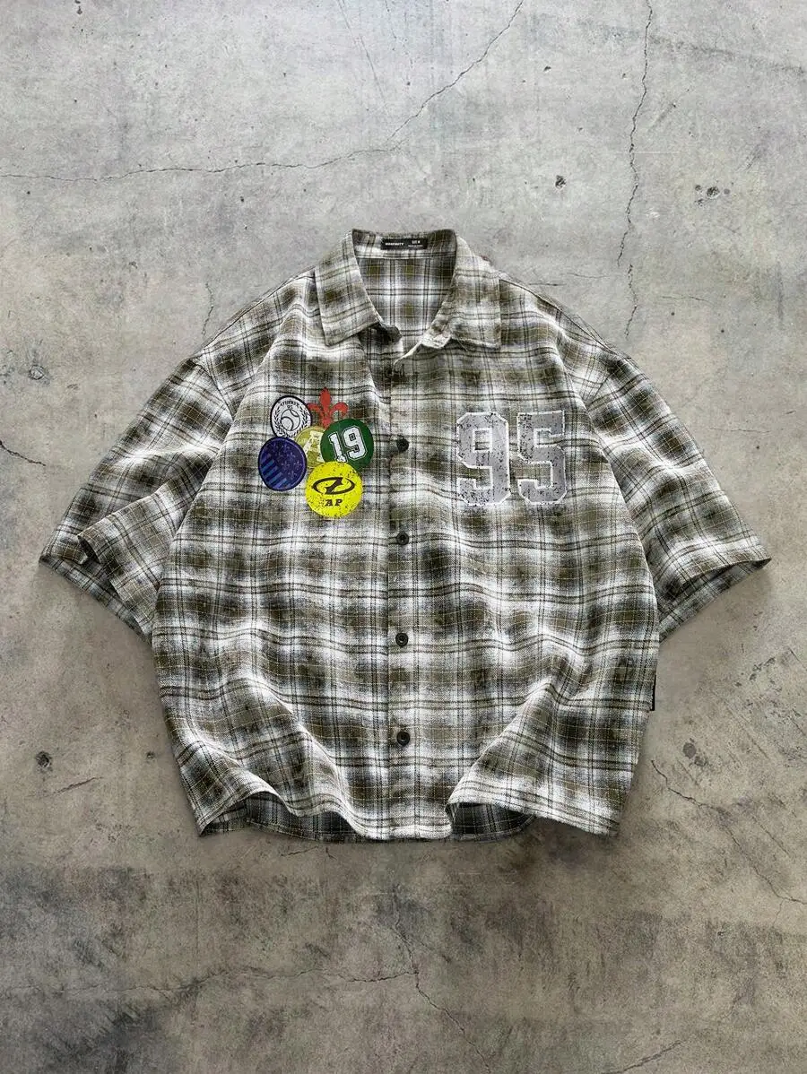 AXEPEAK Men's Loose Plaid Short Sleeve Woven Shirt, Streetwear Ready
